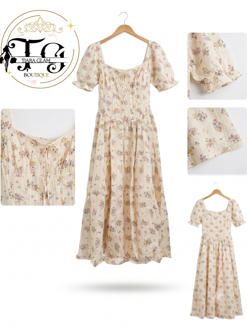 Cream Floral Puff-Sleeve Maxi Dress